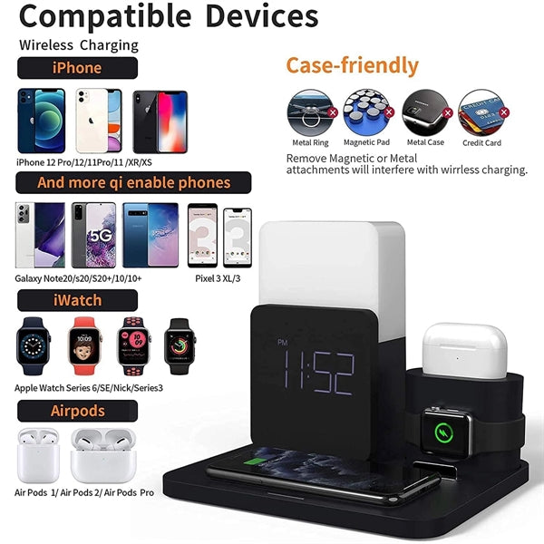 4-in-1 Wireless Charger Deck Alarm Clock Table Lamp