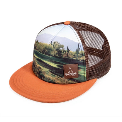 Flat bill trucker mesh cap w/ sublimated crown